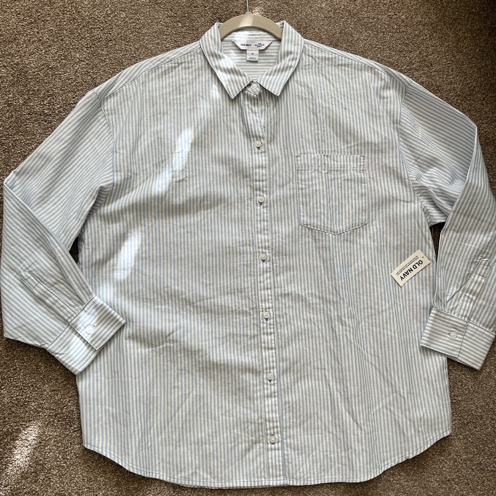 Old Navy Boyfriend Resort Poplin Button Down Shirt Stripe Blue Cotton Women's M - Picture 4 of 9